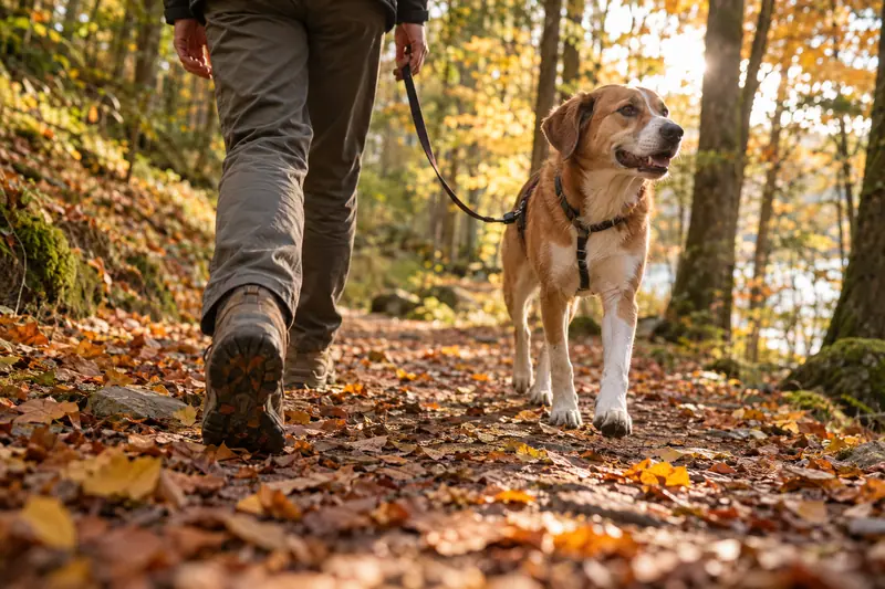 Une personne et son chien qui marchent côte à côte, laisse détendue, sur un chemin