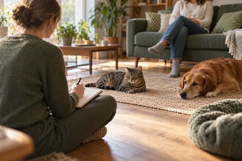 Comportementaliste qui observe un chien en consultation avec sa famille
