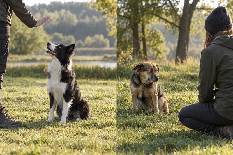 Deux professionnels du chien en échange avec une propriétaire et son chien