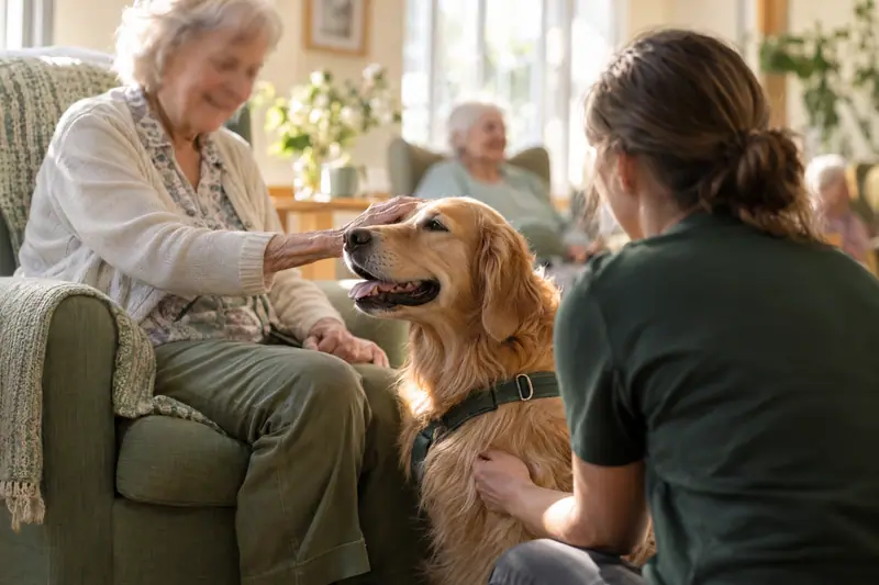Séance de médiation animale avec un chien calme et une personne âgée