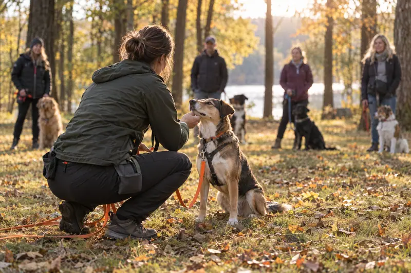 Éducatrice canine qui récompense un chien pendant un cours en extérieur